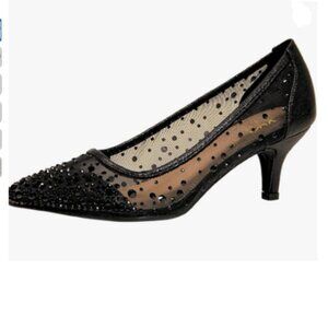 XYD Black Pointed Toe Slip On Graceful Mesh Pumps Rhinestone Kitten Heels Shoes